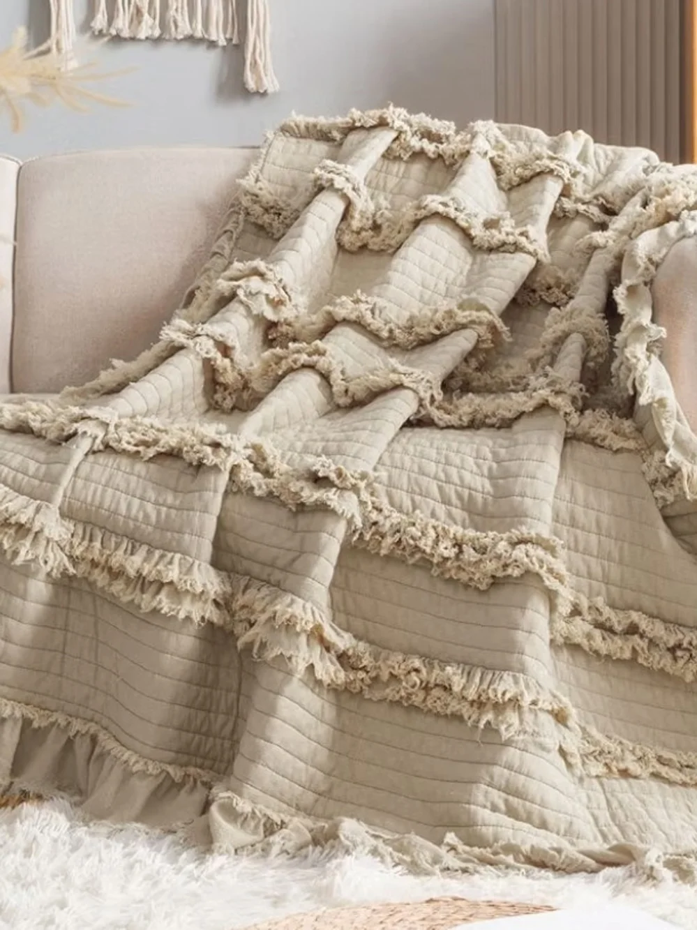 Textured Fringed Quilted Throw Blanket in Cream